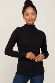 Black Ribbed Mock Neck Lettuce Trim Long Sleeve Top