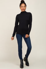 Black Ribbed Mock Neck Lettuce Trim Long Sleeve Top