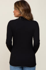 Black Ribbed Mock Neck Lettuce Trim Maternity Long Sleeve Top