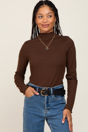 Brown Ribbed Mock Neck Lettuce Trim Long Sleeve Top