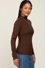 Brown Ribbed Mock Neck Lettuce Trim Long Sleeve Top