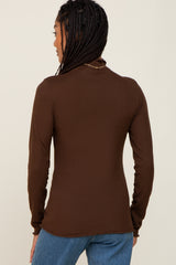 Brown Ribbed Mock Neck Lettuce Trim Long Sleeve Top