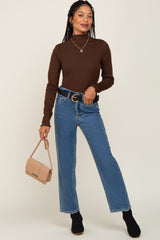 Brown Ribbed Mock Neck Lettuce Trim Long Sleeve Top