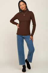 Brown Ribbed Mock Neck Lettuce Trim Long Sleeve Top