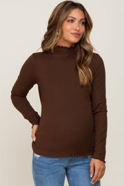 Brown Ribbed Mock Neck Lettuce Trim Maternity Long Sleeve Top