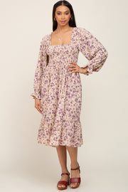 Taupe Floral Smocked Long Sleeve Midi Dress