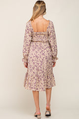 Taupe Floral Smocked Long Sleeve Maternity Midi Dress