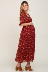 Burgundy Floral Tiered Maternity Midi Dress