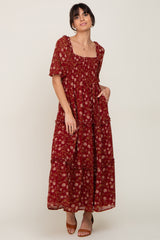 Burgundy Floral Tiered Maternity Midi Dress