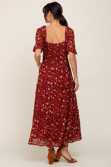 Burgundy Floral Tiered Midi Dress