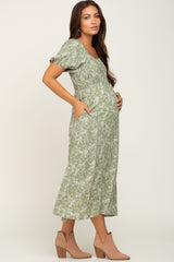 Sage Floral Puff Sleeve Maternity Maxi Dress