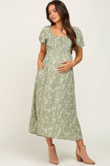 Sage Floral Puff Sleeve Maternity Maxi Dress