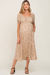 Mocha Floral Puff Sleeve Maternity Maxi Dress