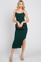 Forest Green Mesh Ruched Maternity Side Slit Midi Dress