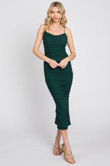 Forest Green Mesh Ruched Side Slit Midi Dress