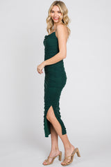 Forest Green Mesh Ruched Side Slit Midi Dress