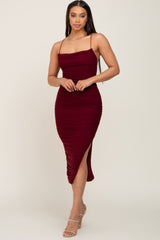 Burgundy Mesh Ruched Maternity Side Slit Midi Dress