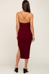 Burgundy Mesh Ruched Maternity Side Slit Midi Dress