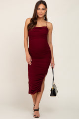 Burgundy Mesh Ruched Maternity Side Slit Midi Dress