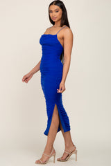 Royal Blue Mesh Ruched Side Slit Midi Dress