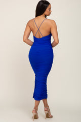 Royal Blue Mesh Ruched Side Slit Midi Dress