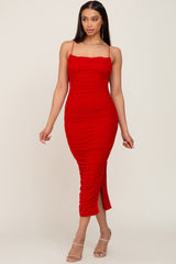 Red Mesh Ruched Maternity Side Slit Midi Dress