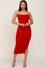 Red Mesh Ruched Side Slit Midi Dress