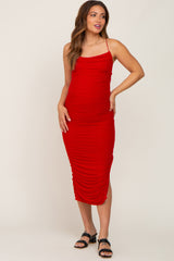 Red Mesh Ruched Maternity Side Slit Midi Dress