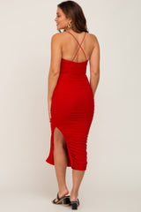 Red Mesh Ruched Maternity Side Slit Midi Dress