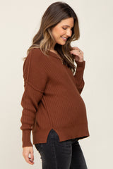 Brown Ribbed Maternity Sweater