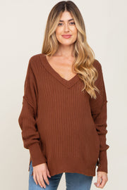 Brown V-Neck Oversized Maternity Sweater