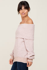 Beige Foldover Off Shoulder Sweater