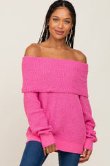 Fuchsia Foldover Off Shoulder Sweater