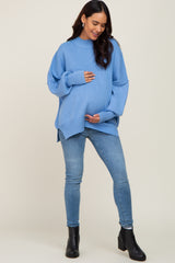 Light Blue Mock Neck Exposed Seam Maternity Sweater