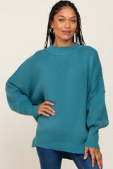 Teal Blue Mock Neck Exposed Seam Maternity Sweater