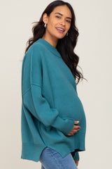 Teal Blue Mock Neck Exposed Seam Maternity Sweater