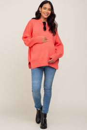 Coral Mock Neck Exposed Seam Maternity Sweater