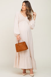 Ivory Smocked Balloon Sleeve Maternity Maxi Dress