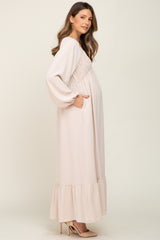 Ivory Smocked Balloon Sleeve Maternity Maxi Dress