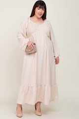 Ivory Smocked Balloon Sleeve Maternity Plus Maxi Dress