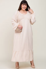 Ivory Smocked Balloon Sleeve Plus Maxi Dress