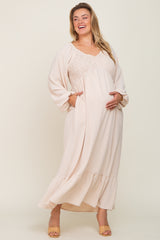 Ivory Smocked Balloon Sleeve Maternity Plus Maxi Dress