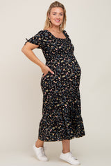 Black Floral Tiered Plus Maternity Maxi Dress