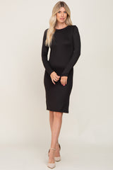 Black Ribbed Basic Long Sleeve Maternity Midi Dress