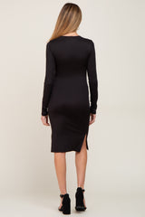 Black Ribbed Basic Long Sleeve Maternity Midi Dress