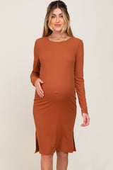 Rust Ribbed Basic Long Sleeve Maternity Midi Dress