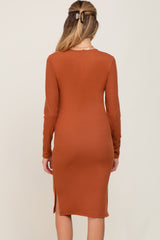 Rust Ribbed Basic Long Sleeve Maternity Midi Dress