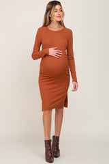 Rust Ribbed Basic Long Sleeve Maternity Midi Dress