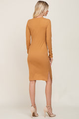 Camel Ribbed Basic Long Sleeve Midi Dress