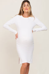 White Ribbed Basic Long Sleeve Maternity Midi Dress